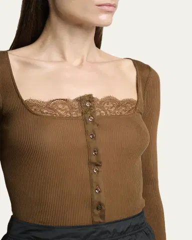 Saint Laurent Lace-Trim Button-Front Silk Rib Long-Sleeve Top | Thumbnail 5