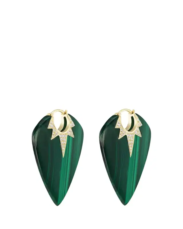 Sorellina 18K Yellow Gold Large Malachite Guitar Pick Earrings with Diamonds