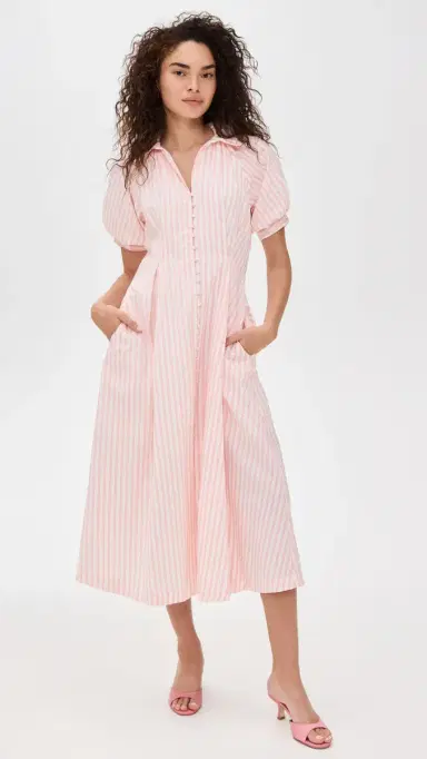 English Factory Seersucker Striped Midi Dress Pink | Thumbnail 2