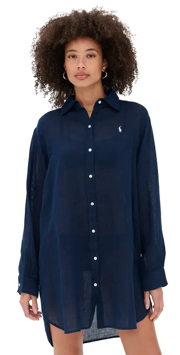 Cotton inen Boyfriend Shirt Navy Blue