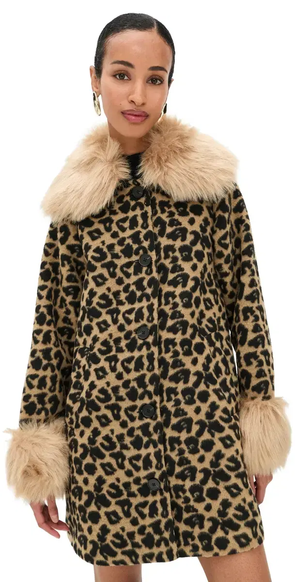 Leopard Coat with Fur Trims Brown Leopard Coat with Fur Trims Brown