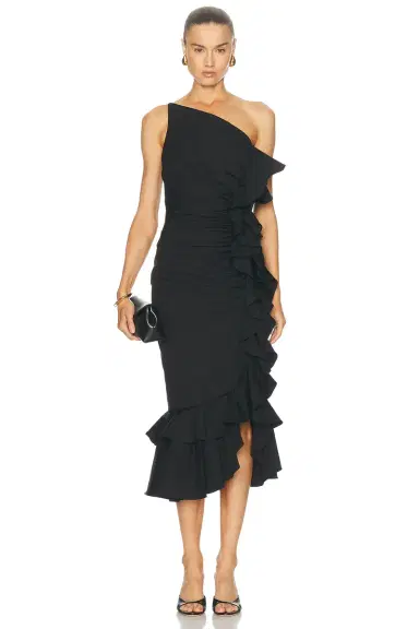 Carolina Herrera One Shoulder Ruched Midi Dress | Thumbnail 1 Carolina Herrera One Shoulder Ruched Midi Dress | Thumbnail 1