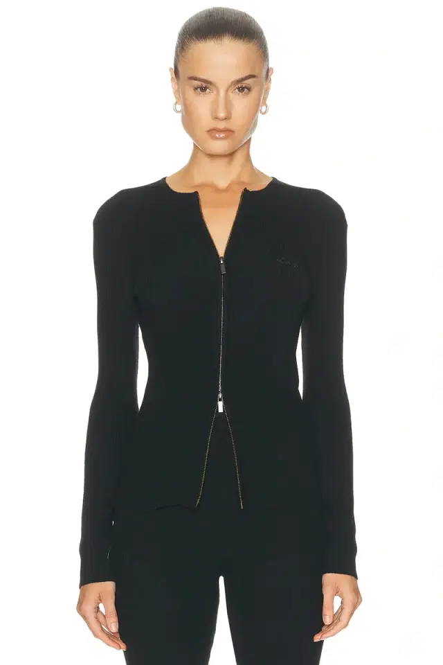 Signature Rib Knit Fitted Long Sleeve Zip Up Rib Tee