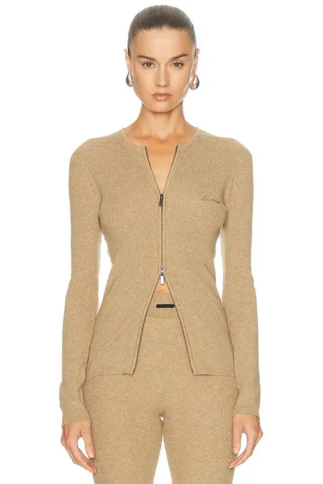 Signature Rib Knit Fitted Long Sleeve Zip Up Rib Tee