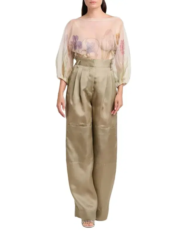 High-Rise Pleated Silk Wide-Leg Trousers