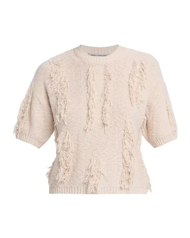 Short-Sleeve Fringe Cotton Sweater