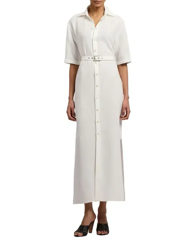 Linen Short-Sleeve Belted Midi Shirtdress
