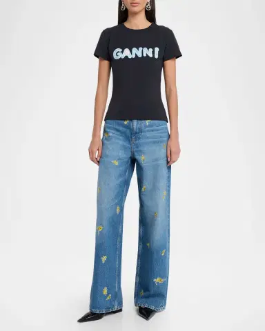 Ganni Logo Embroidered Cotton-Jersey Tee | Thumbnail 2 Ganni Logo Embroidered Cotton-Jersey Tee | Thumbnail 2