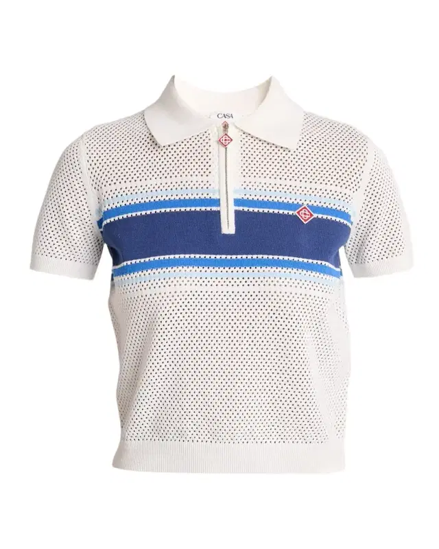 Striped Mesh Knit Short-Sleeve Polo Top