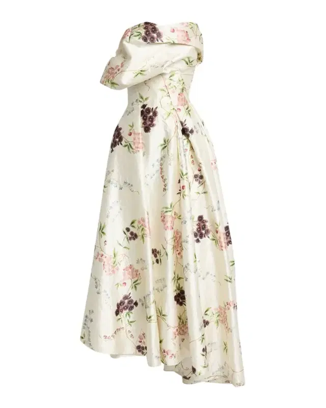 Strapless Floral-Print Textured Satin Gown