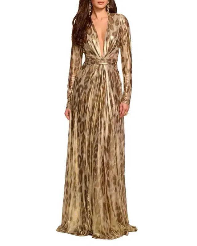 Martini Plunging Metallic Animal-Print Gown