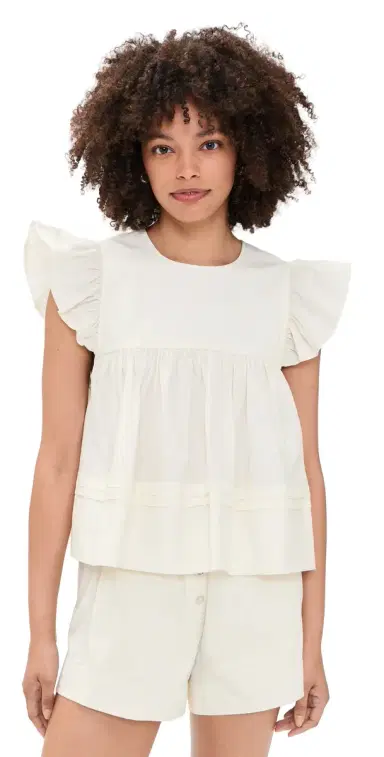 GANNI Frill Sleeve Top Egret | Thumbnail 1 GANNI Frill Sleeve Top Egret | Thumbnail 1