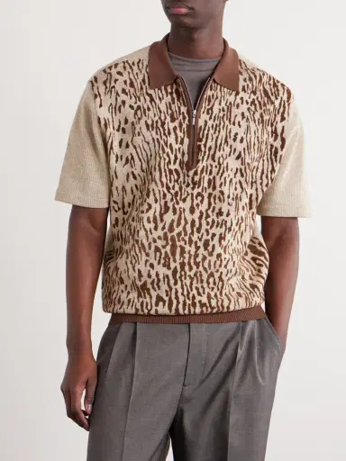 Beams Plus Leopard-Jacquard Cotton-Blend Half-Zip Polo Shirt - Men | Thumbnail 3 Beams Plus Leopard-Jacquard Cotton-Blend Half-Zip Polo Shirt - Men | Thumbnail 3