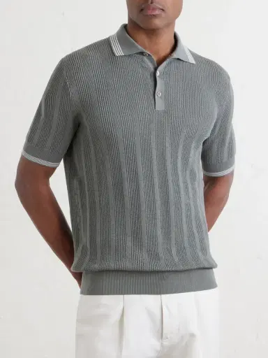 Brunello Cucinelli Striped Pointelle-Knit Cotton Polo Shirt - Men | Thumbnail 3
