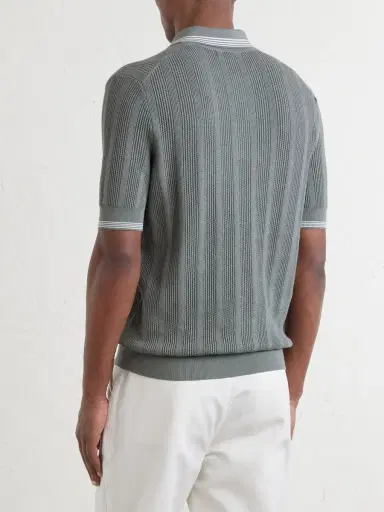 Brunello Cucinelli Striped Pointelle-Knit Cotton Polo Shirt - Men | Thumbnail 4