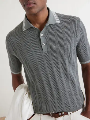 Brunello Cucinelli Striped Pointelle-Knit Cotton Polo Shirt - Men | Thumbnail 5