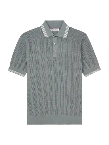 Brunello Cucinelli Striped Pointelle-Knit Cotton Polo Shirt - Men | Thumbnail 1