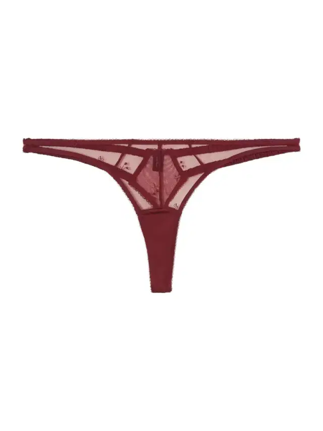 Cerise Embroidered Mesh Thong