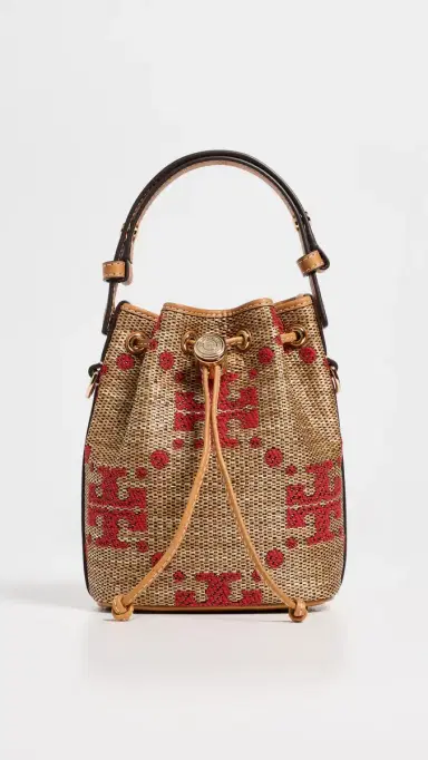 Tory Burch T Monogram Straw Mini Bucket Bag Natural One Size | Thumbnail 2