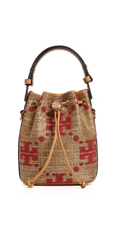 Tory Burch T Monogram Straw Mini Bucket Bag Natural One Size | Thumbnail 1