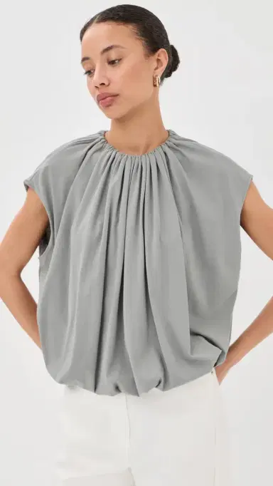 Tibi Shirred Neck Circular Tee Pumice Grey | Thumbnail 2 Tibi Shirred Neck Circular Tee Pumice Grey | Thumbnail 2