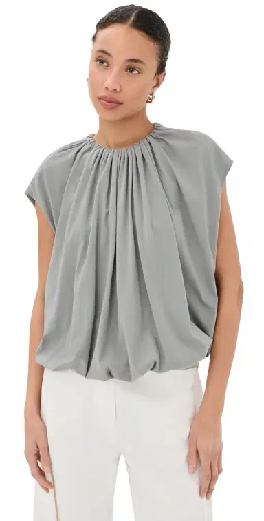 Tibi Shirred Neck Circular Tee Pumice Grey | Thumbnail 1 Tibi Shirred Neck Circular Tee Pumice Grey | Thumbnail 1