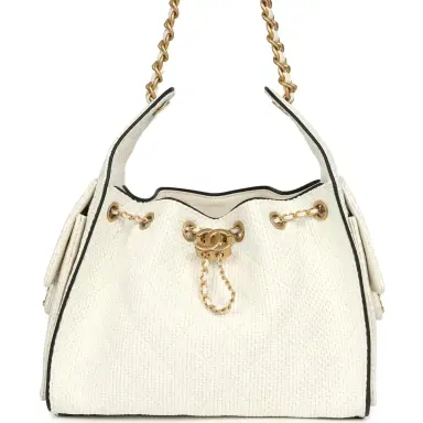 Chanel Chanel Small 25 Hobo Bag White Raffia and Black Calfskin Antique Gold Hardware | Thumbnail 1 Chanel Chanel Small 25 Hobo Bag White Raffia and Black Calfskin Antique Gold Hardware | Thumbnail 1