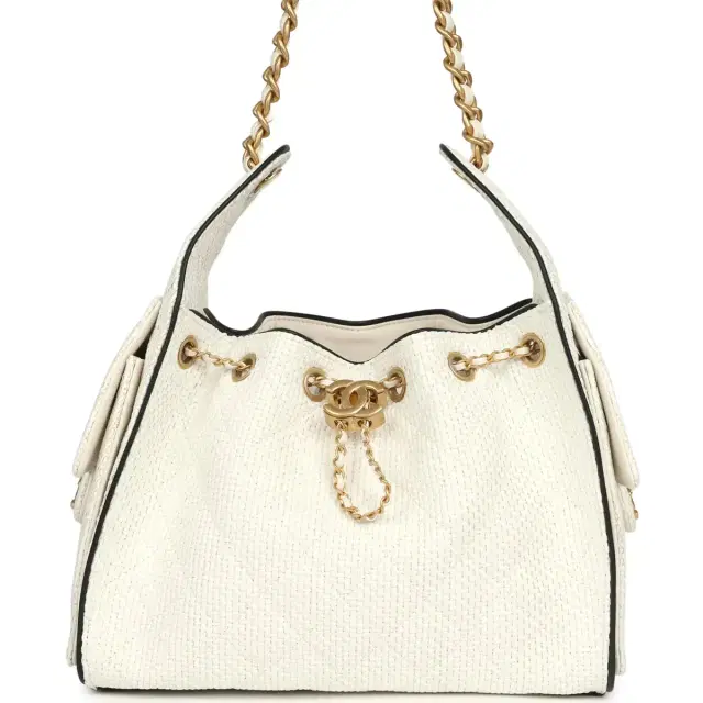 Chanel Chanel Small 25 Hobo Bag White Raffia and Black Calfskin Antique Gold Hardware