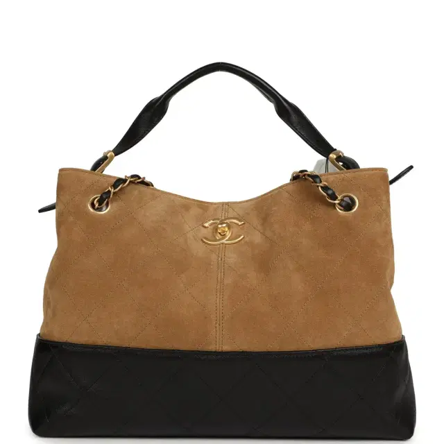Chanel Chanel Small Coco Base Hobo Bag Brown Suede and Black Shiny Lambskin Brushed Gold Hardware