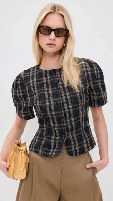 LIONESS Femme Blouse Navy Lemon Plaid S | Thumbnail 2
