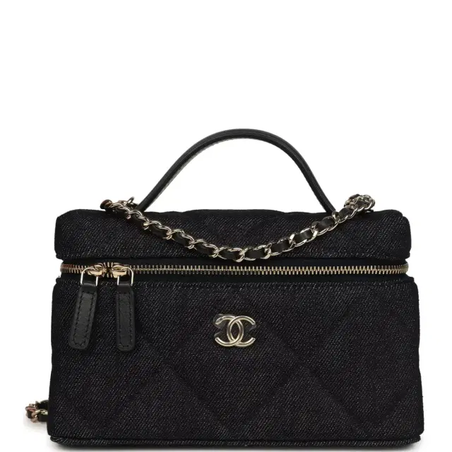 Chanel Chanel Top Handle Long Vanity Case with Chain Dark Blue Denim Light Gold Hardware