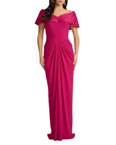 Tadashi Shoji Pleated Off-Shoulder Taffeta & Crepe Gown | Thumbnail 1