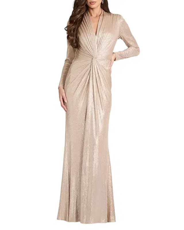 Tadashi Shoji Twist-Front Metallic Jersey Column Gown