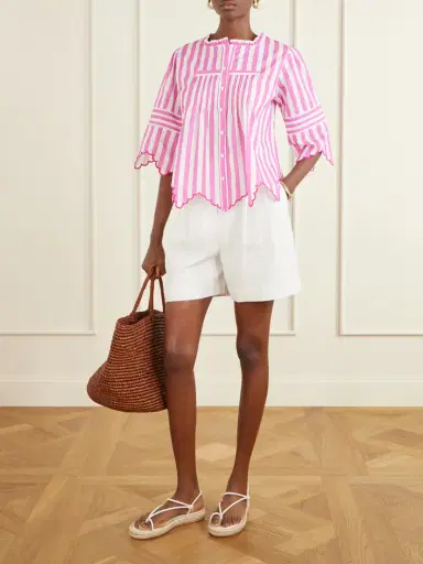 Loretta Caponi Matilde Scalloped Shirred Striped Cotton Shirt | Thumbnail 2 Loretta Caponi Matilde Scalloped Shirred Striped Cotton Shirt | Thumbnail 2