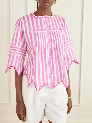 Loretta Caponi Matilde Scalloped Shirred Striped Cotton Shirt | Thumbnail 3 Loretta Caponi Matilde Scalloped Shirred Striped Cotton Shirt | Thumbnail 3