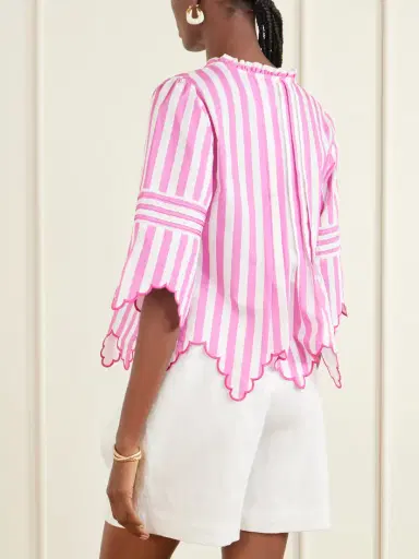 Loretta Caponi Matilde Scalloped Shirred Striped Cotton Shirt | Thumbnail 4 Loretta Caponi Matilde Scalloped Shirred Striped Cotton Shirt | Thumbnail 4