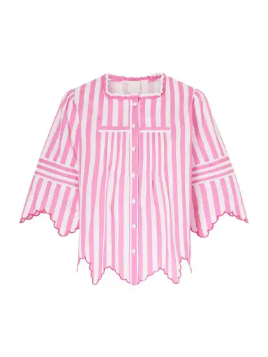 Loretta Caponi Matilde Scalloped Shirred Striped Cotton Shirt | Thumbnail 1 Loretta Caponi Matilde Scalloped Shirred Striped Cotton Shirt | Thumbnail 1