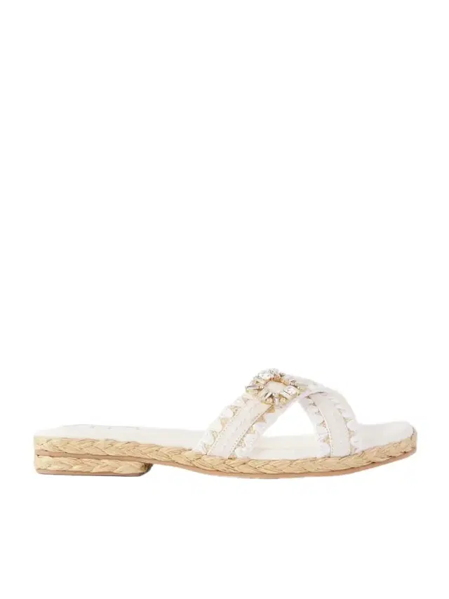 Strass Crystal-embellished Leather-trimmed Raffia Slides