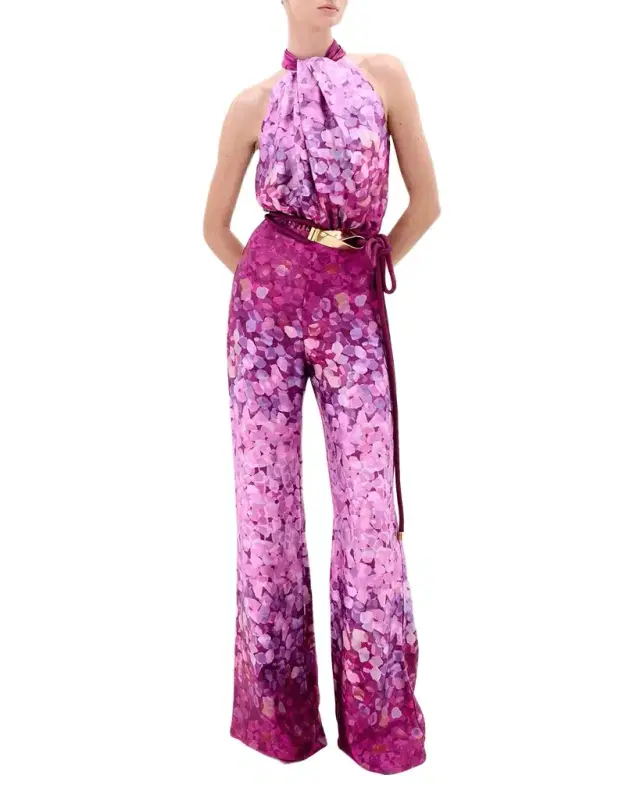 Abstract-Print Belted Halter Jumpsuit