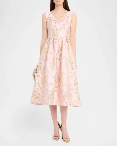 Kay Unger New York Saylor Pleated Floral Jacquard Midi Dress | Thumbnail 2 Kay Unger New York Saylor Pleated Floral Jacquard Midi Dress | Thumbnail 2