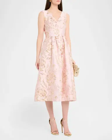Kay Unger New York Saylor Pleated Floral Jacquard Midi Dress | Thumbnail 4 Kay Unger New York Saylor Pleated Floral Jacquard Midi Dress | Thumbnail 4