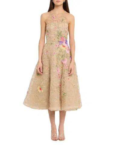Naeem Khan Raffia Floral Embroidered Sleeveless Midi Dress | Thumbnail 1 Naeem Khan Raffia Floral Embroidered Sleeveless Midi Dress | Thumbnail 1