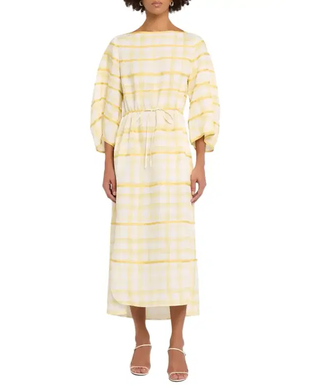 Ribbon-Embellished Plaid Midi Caftan