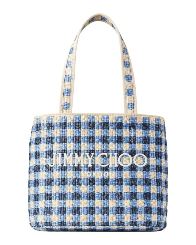 Jimmy Choo Embroidered Gingham Raffia Small Beach Tote Bag