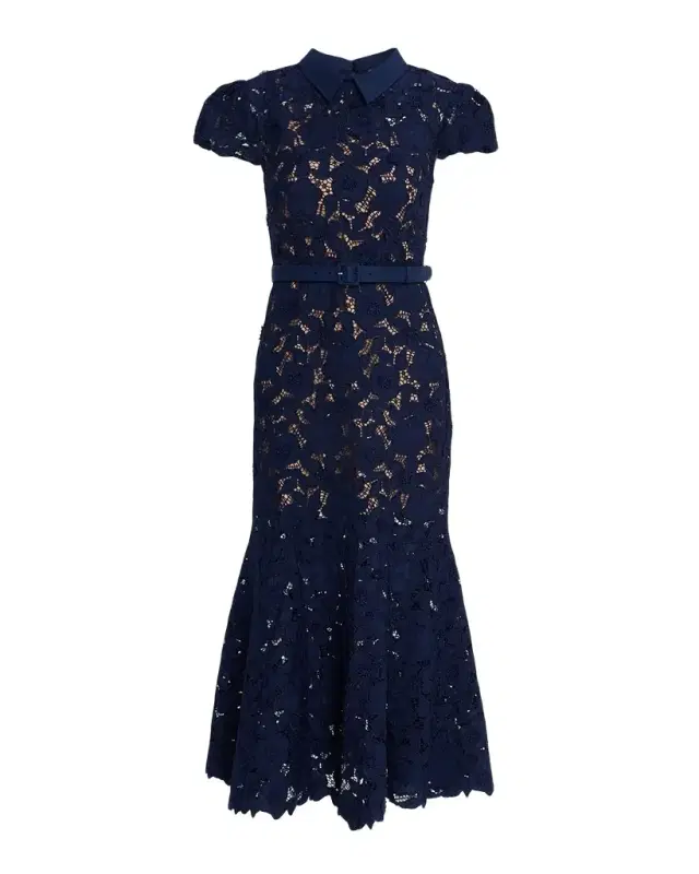 Guipure Lace Belted Midi Dress