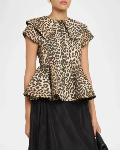 Ganni Leopard-Print Stretch-Cotton Peplum Top | Thumbnail 4