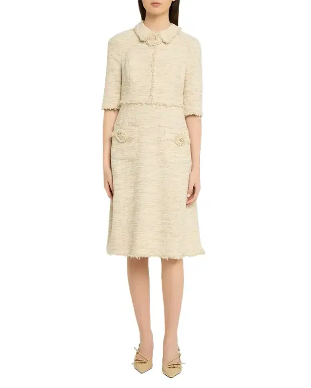 Fringe-Trim Metallic Tweed Dress
