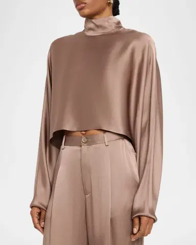 Lapointe Satin Long-Sleeve Caftan Crop Top | Thumbnail 4