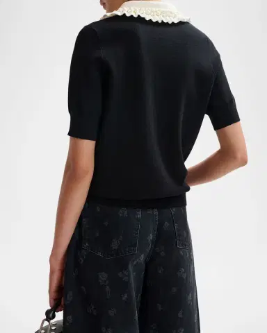 Essentiel Antwerp Ruffle Fine-Knit Polo Top with Bead Embellishments | Thumbnail 2