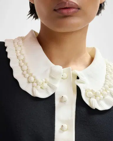 Essentiel Antwerp Ruffle Fine-Knit Polo Top with Bead Embellishments | Thumbnail 3